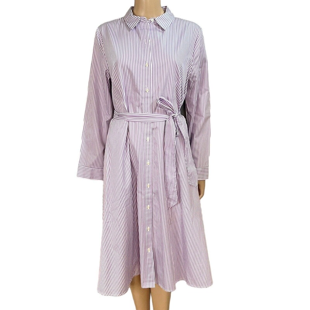 Talbots Purple and White Striped Tie-Waist Shirt Dress